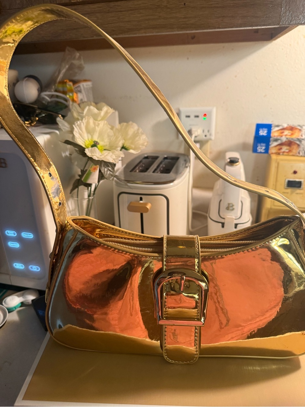 Shiny Gold Akira Metallic Shoulder Bag with Buckle Accent